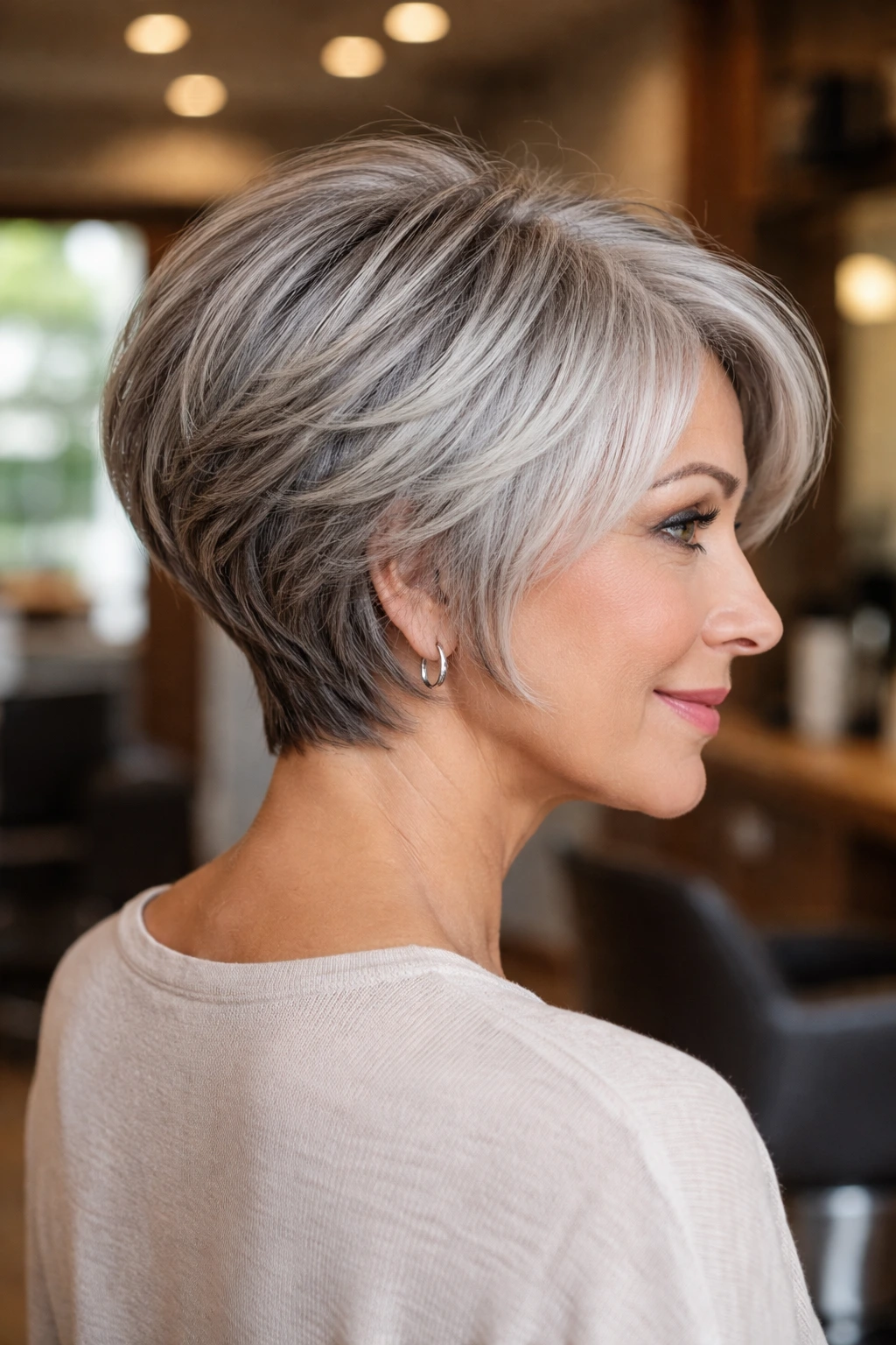 Side-profile portrait of a real woman with a stacked layered bob at the nape and a longer front
