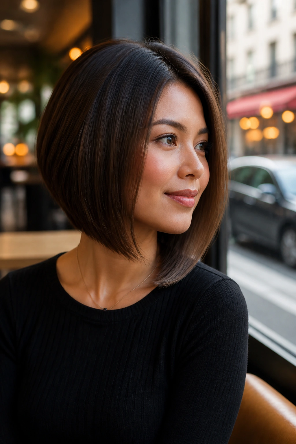 Close-up portrait of a real woman with Sleek Stacked Lob That Skims the Collarbone, collarbone-length with back stack.