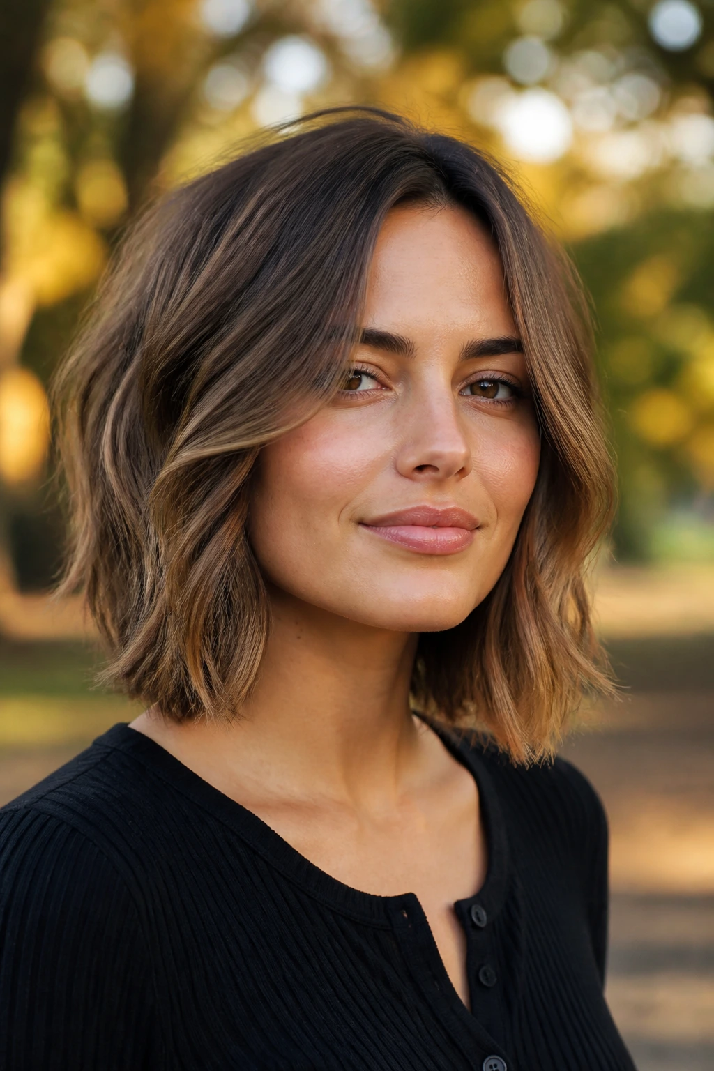 Portrait of a real person with a stacked lob and loose waves starting below the cheekbone