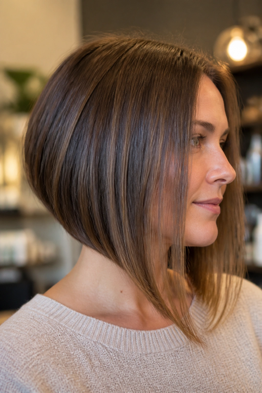 Close-up portrait of a real woman with slight nape stack and lift flattering a round face.