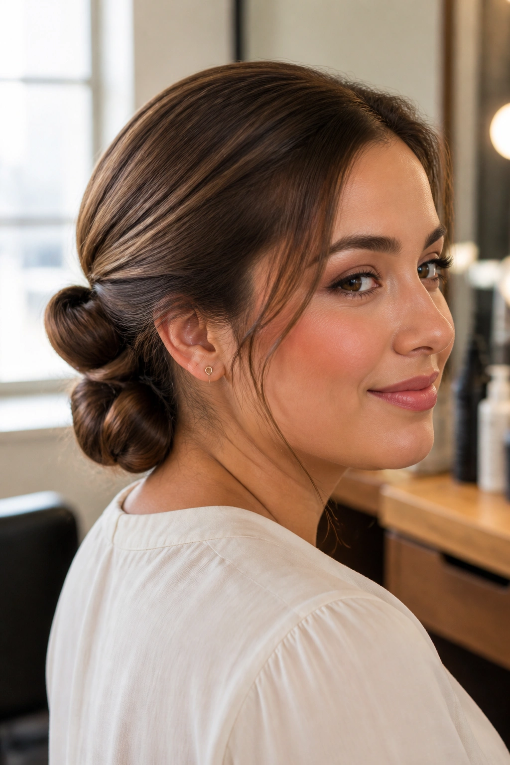 Close-up of a real woman's stacked low bun at the nape with two vertical buns