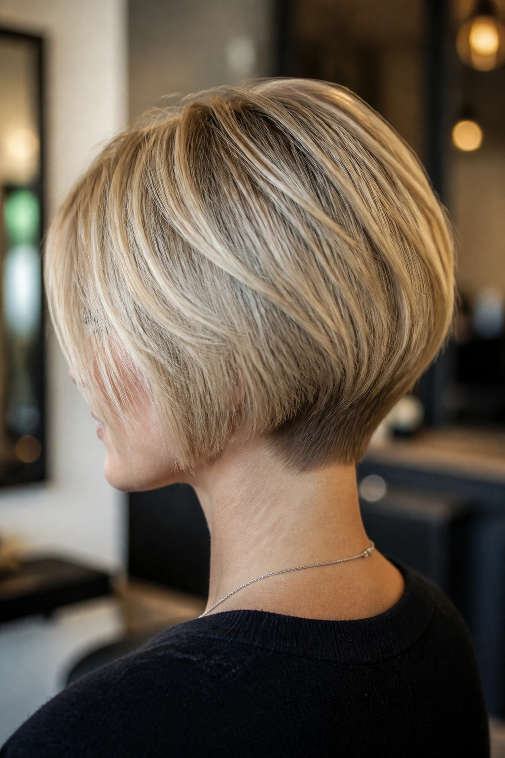 Close-up of a real woman with a stacked bob and tight nape
