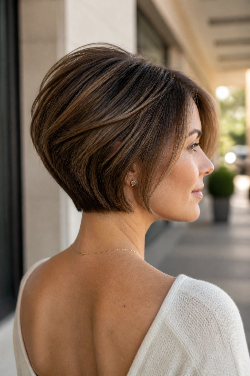 Real woman with stacked nape bob and soft crown lift in natural light