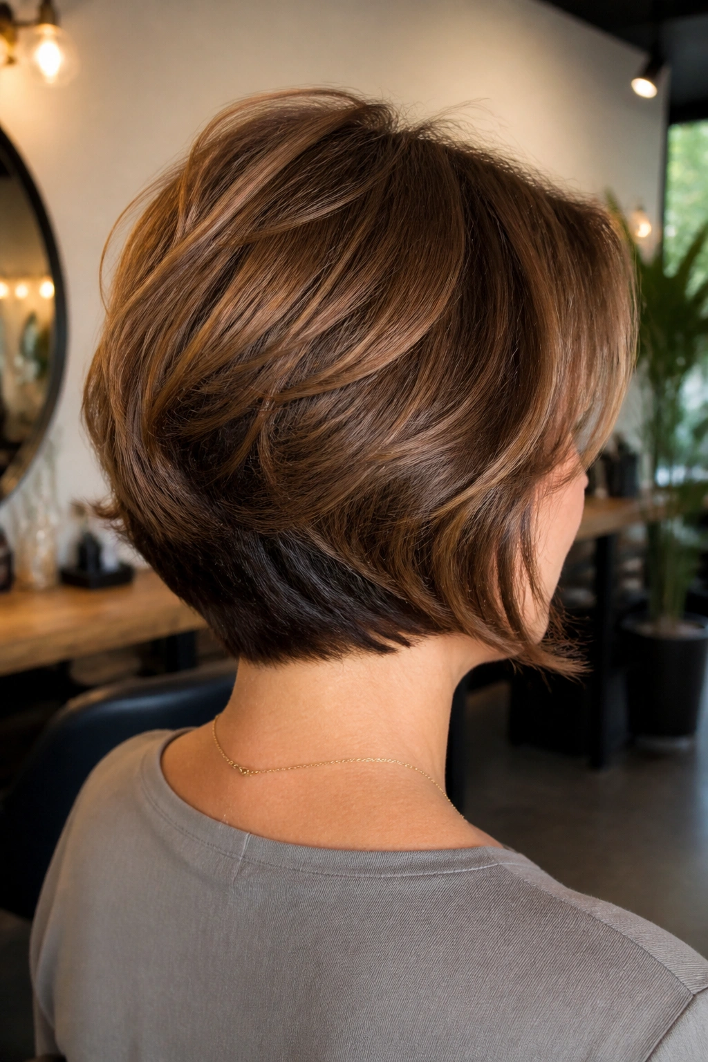 Rear three-quarter portrait of a real woman showing stacked nape bob lift