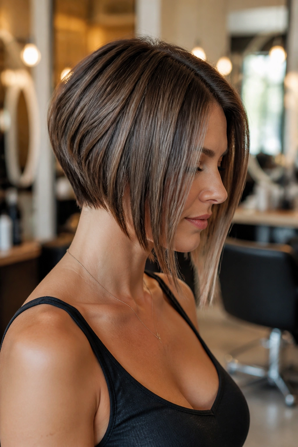 Three-quarter portrait of a real woman with stacked nape bob and long front pieces