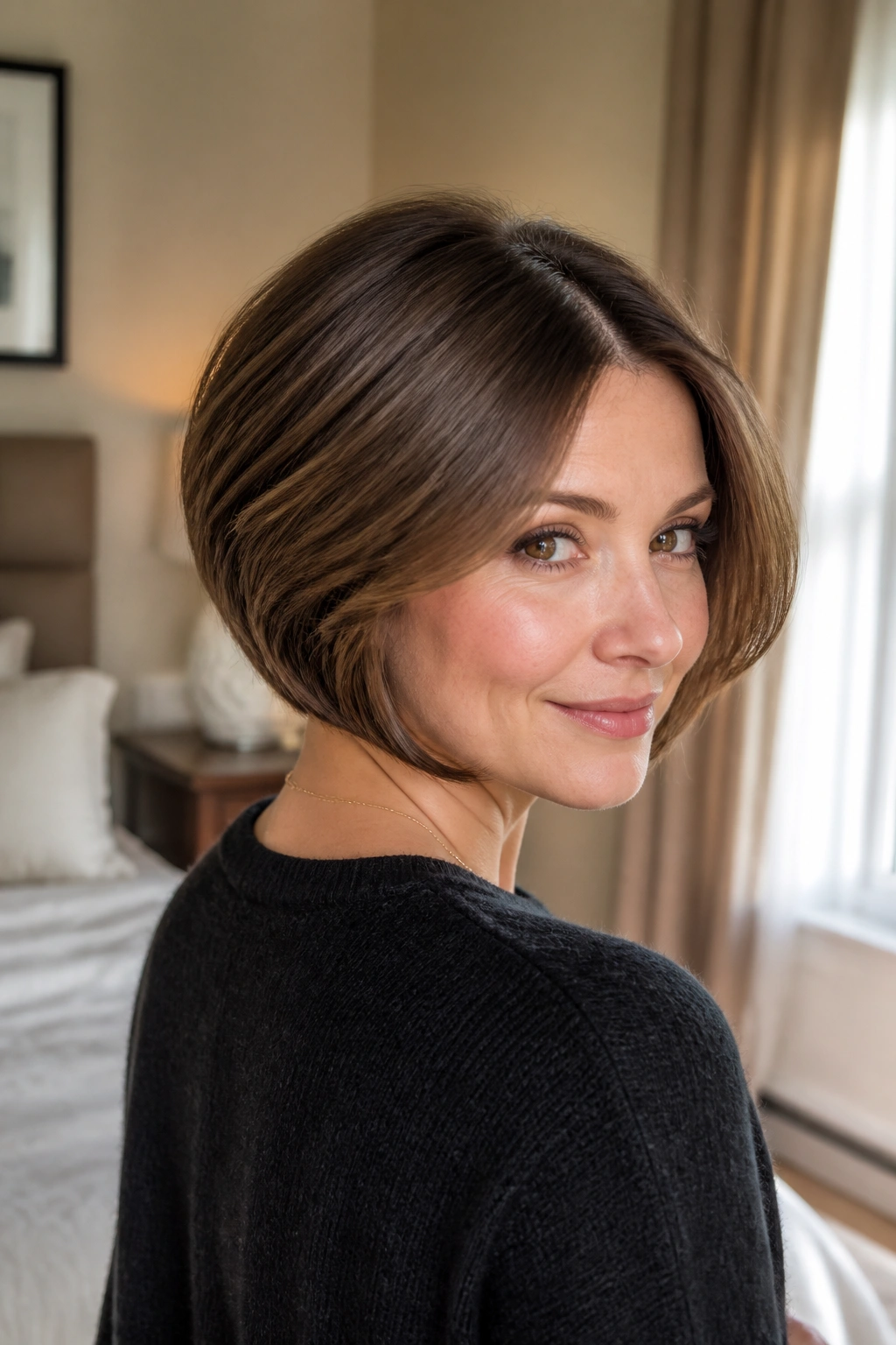 Close-up portrait of a real woman with a stacked nape bob and side part.