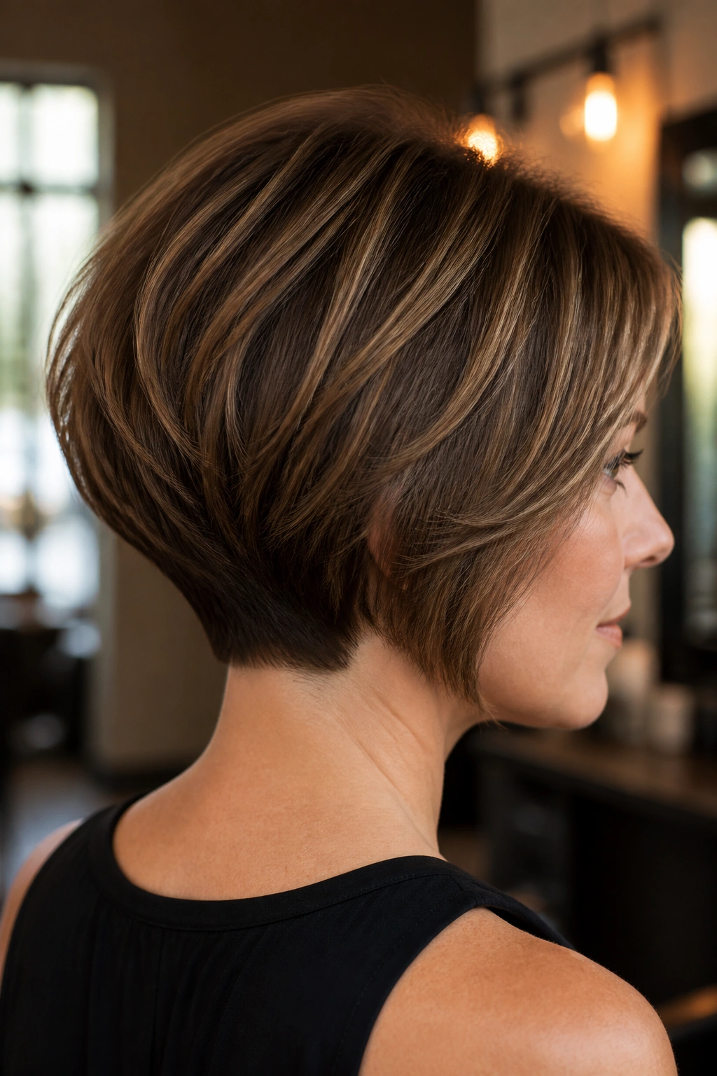 Close-up portrait of a real woman showing stacked nape bob with soft graduation