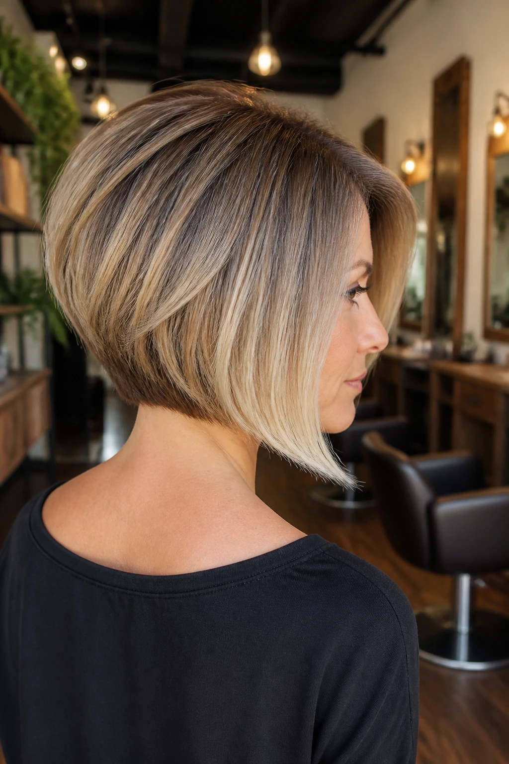 Real woman with stacked nape bob and champagne blonde ends in salon setting