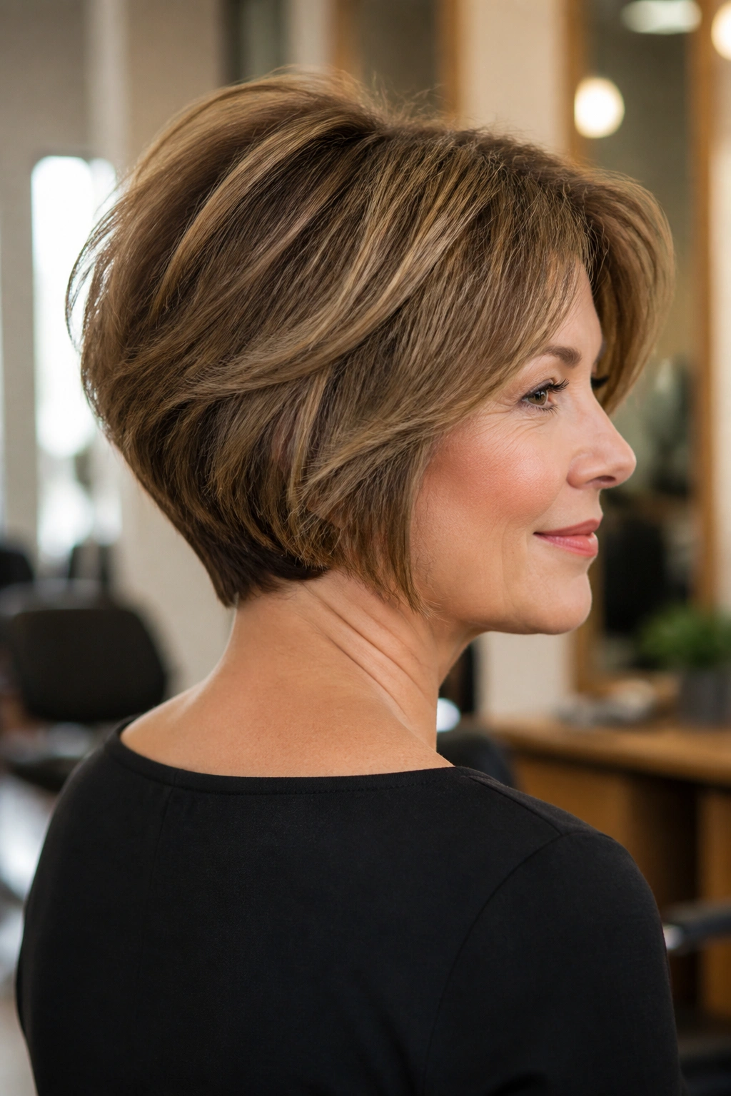 Portrait of a real woman with a stacked nape bob and crown lift.