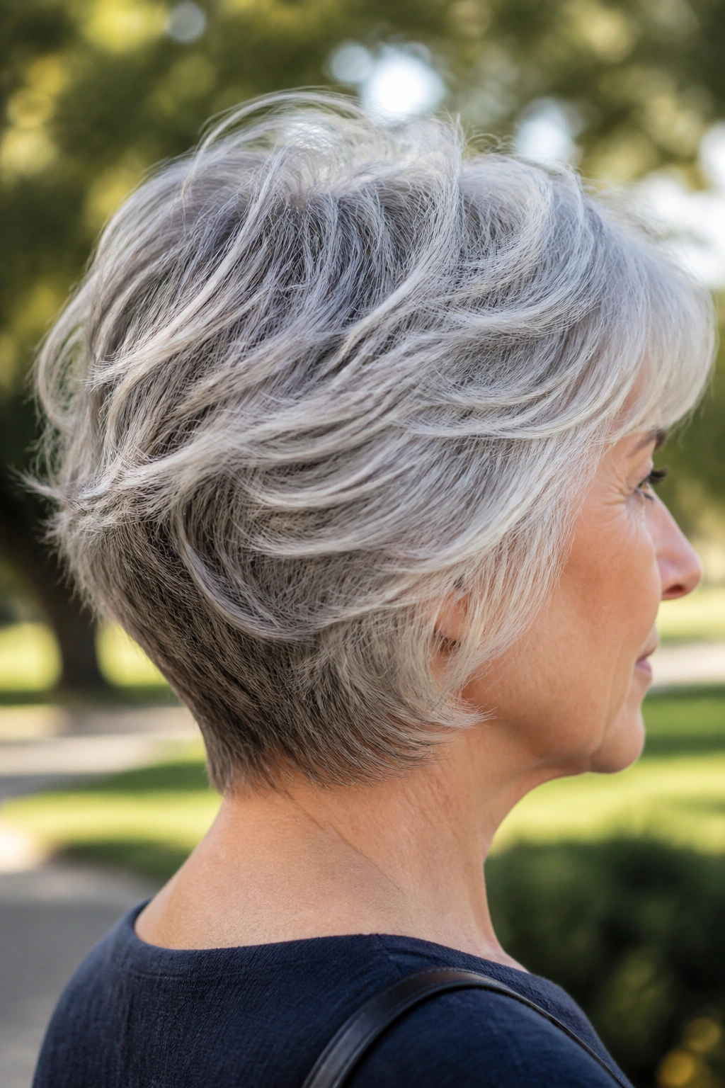 Close-up of gray hair showing stacked nape shag and loose top layer