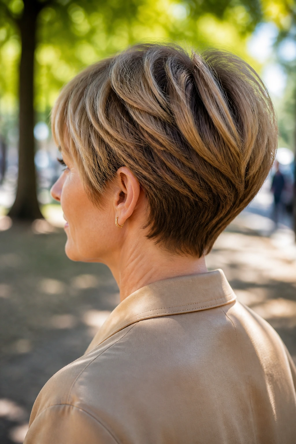 Rear three-quarter view of a real woman's stacked back pixie showing elevated crown and nape layers