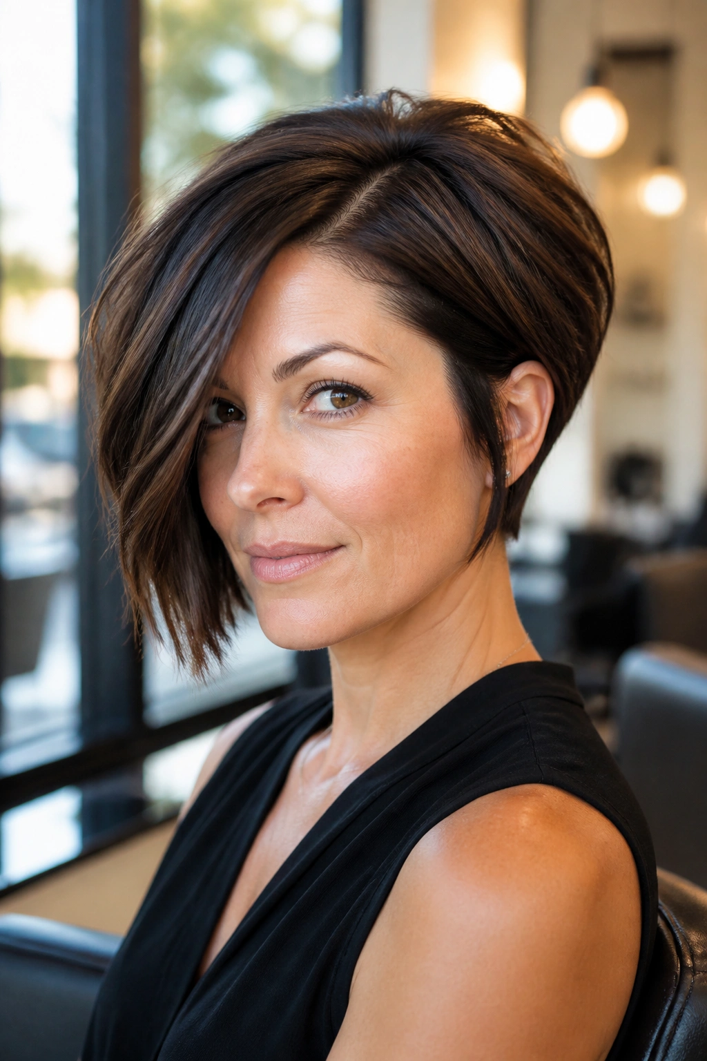 Close-up portrait of a real woman with stacked pixie bob and deep side part.