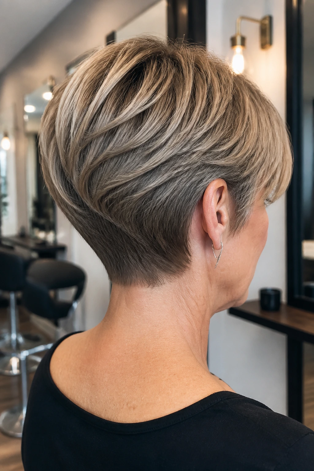 Close-up of a real woman showing stacked-back pixie layers at the nape with a graduated neckline.