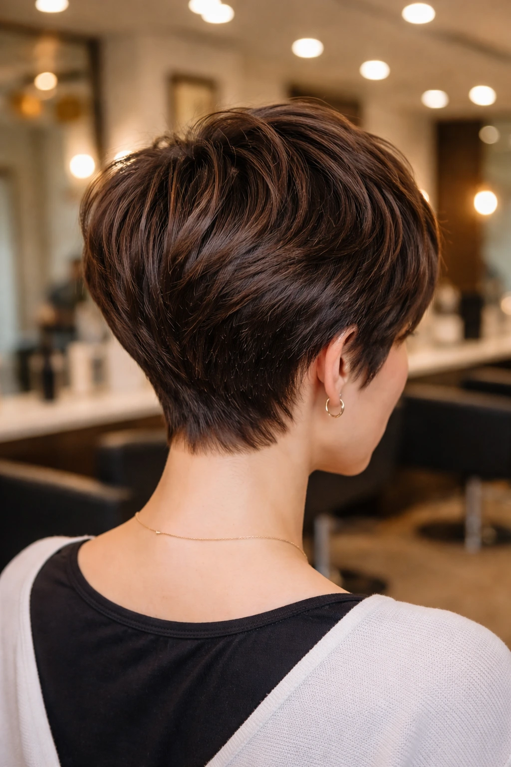 Back view of stacked pixie showing layered crown and neat nape.