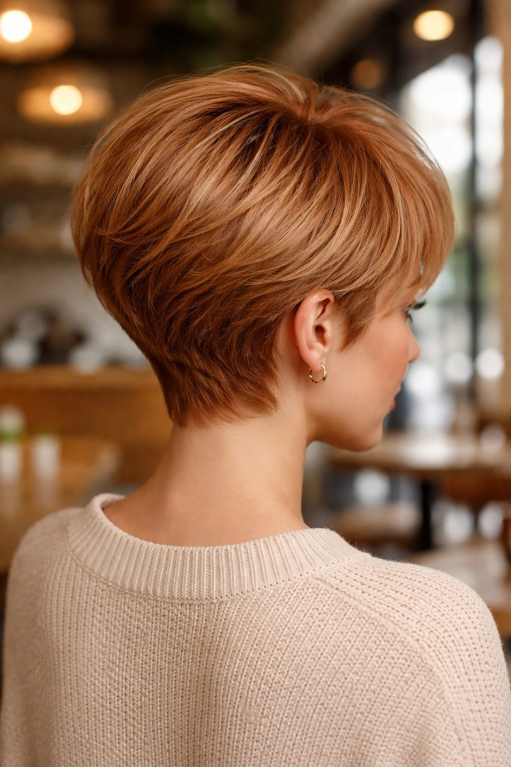 Back view of a woman showing stacked strawberry pixie layers at the crown