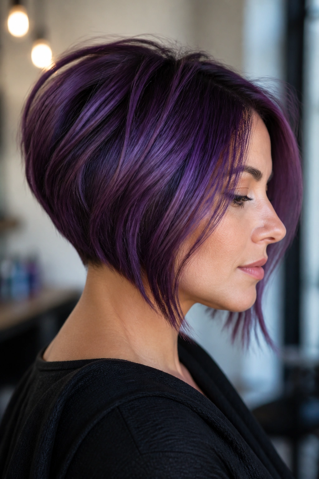 Close-up portrait of a real woman with a stacked purple bob in a bright interior.