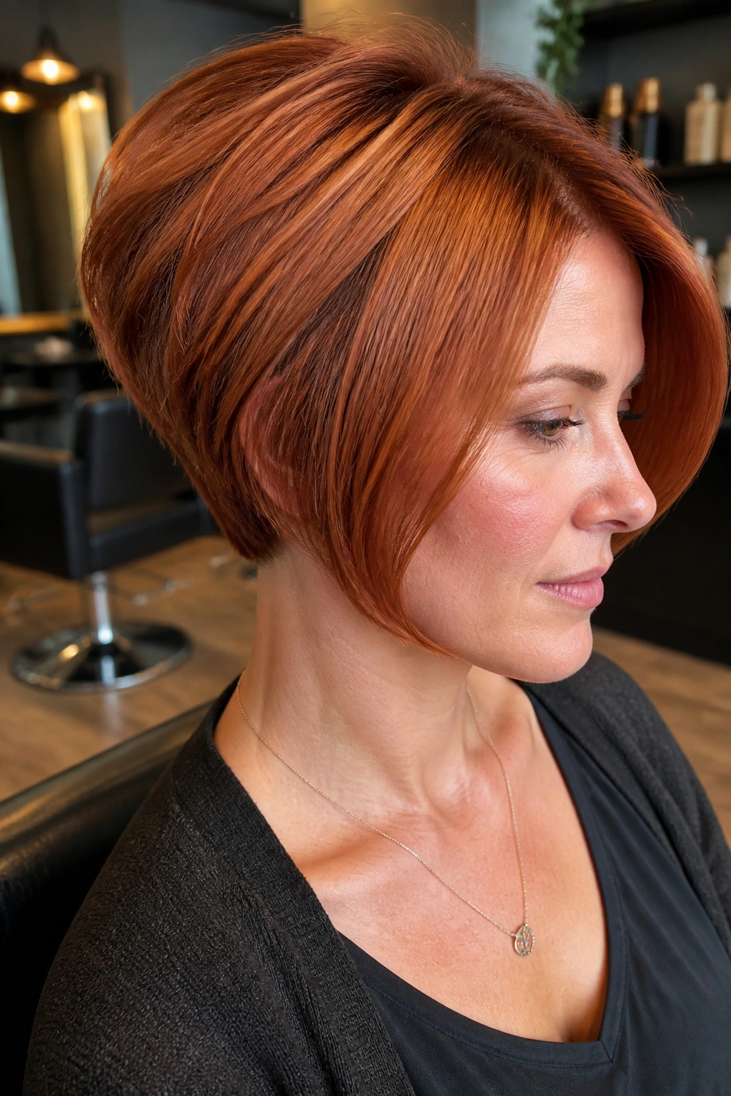 Portrait of a real woman with a stacked strawberry bob showing crown volume