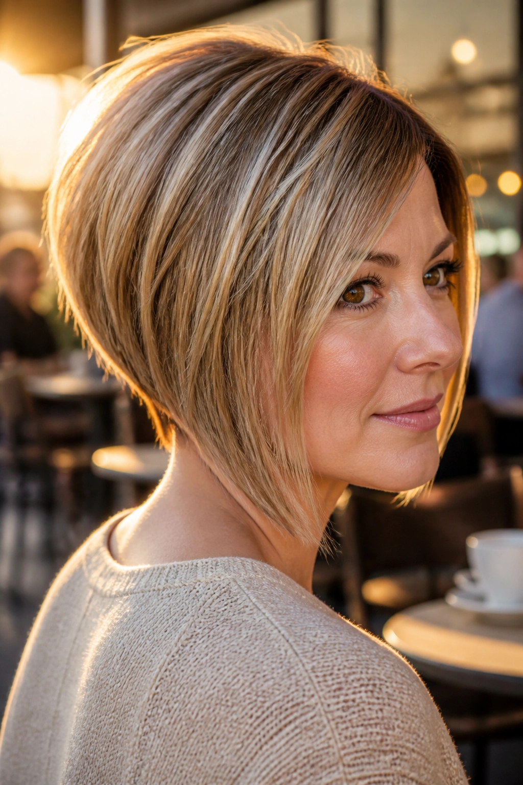 Portrait of a woman with a stacked wedge bob showing crown lift and longer front.
