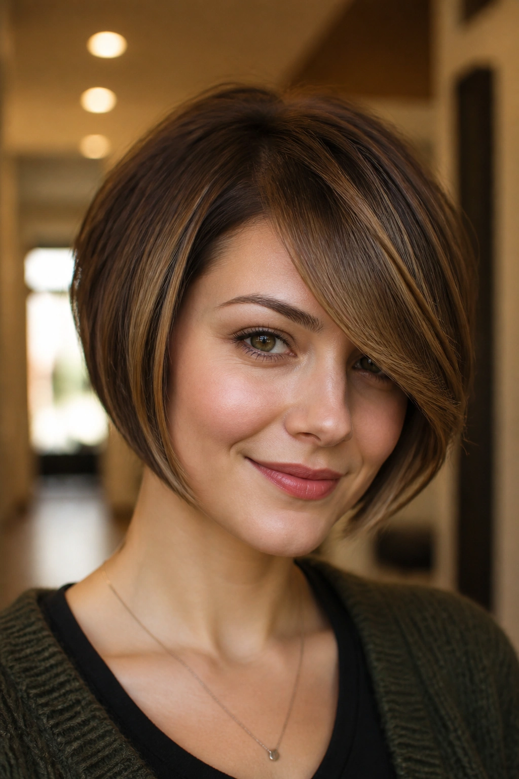 Portrait of a real woman with stacked bob and side-swept bangs in warm hallway light