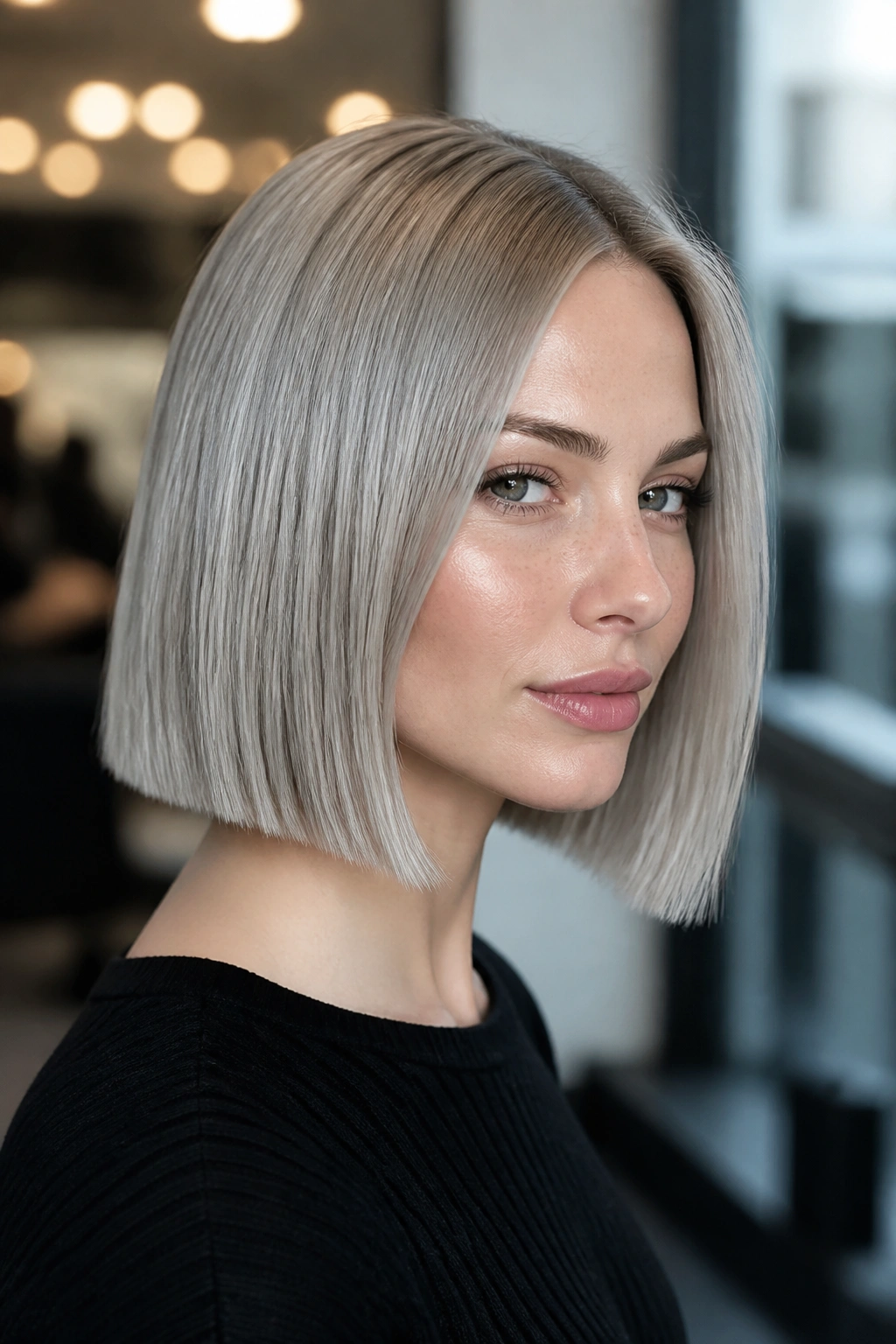Close-up of a real woman with a steel blonde bob in a chic salon setting.