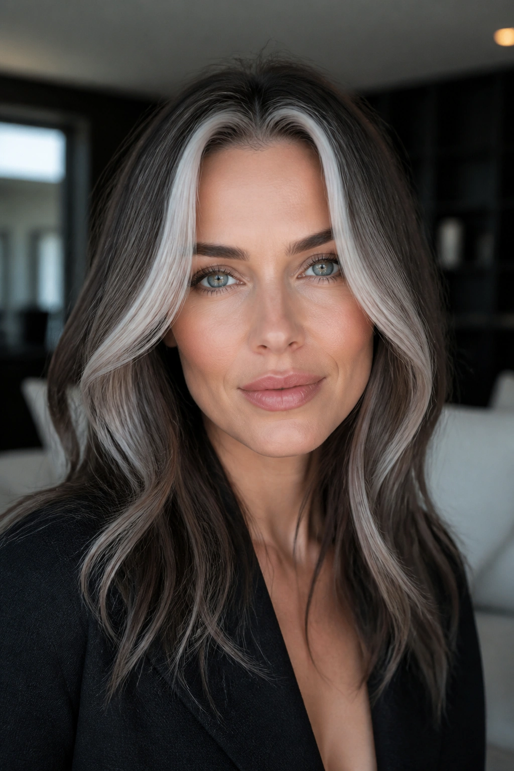 Portrait of a woman with steel blonde highlights around the face
