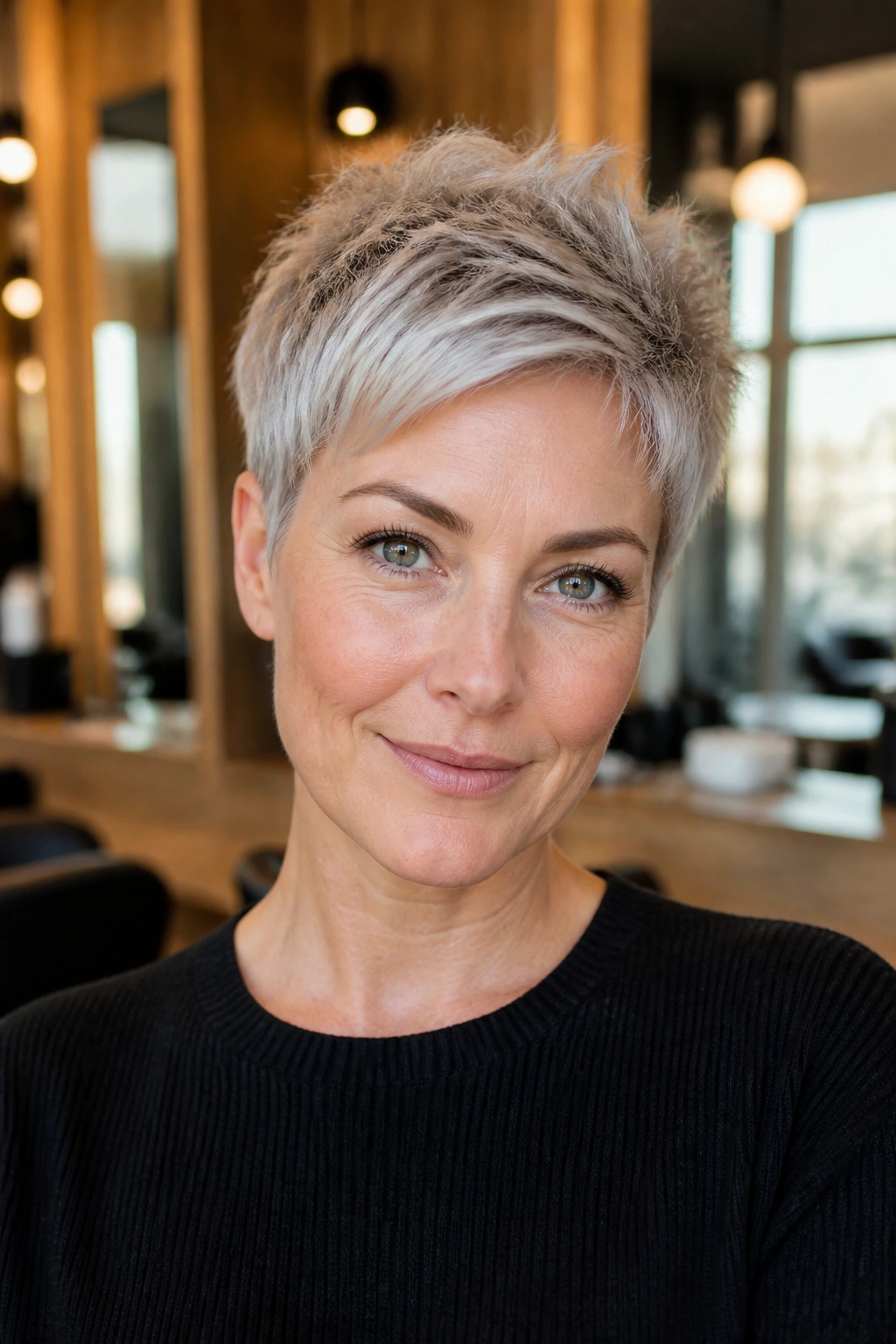 Close-up of steel blonde pixie with textured hair on a real woman, salon window light