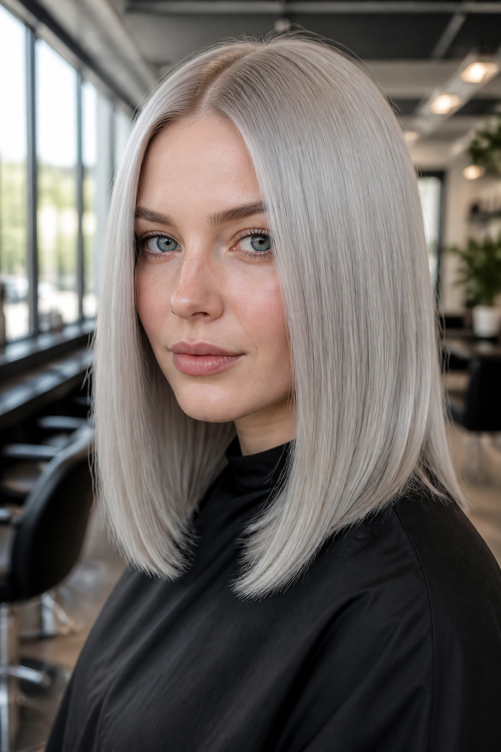 Close-up of a real woman with steel blonde satin-shine hair in a sunlit salon