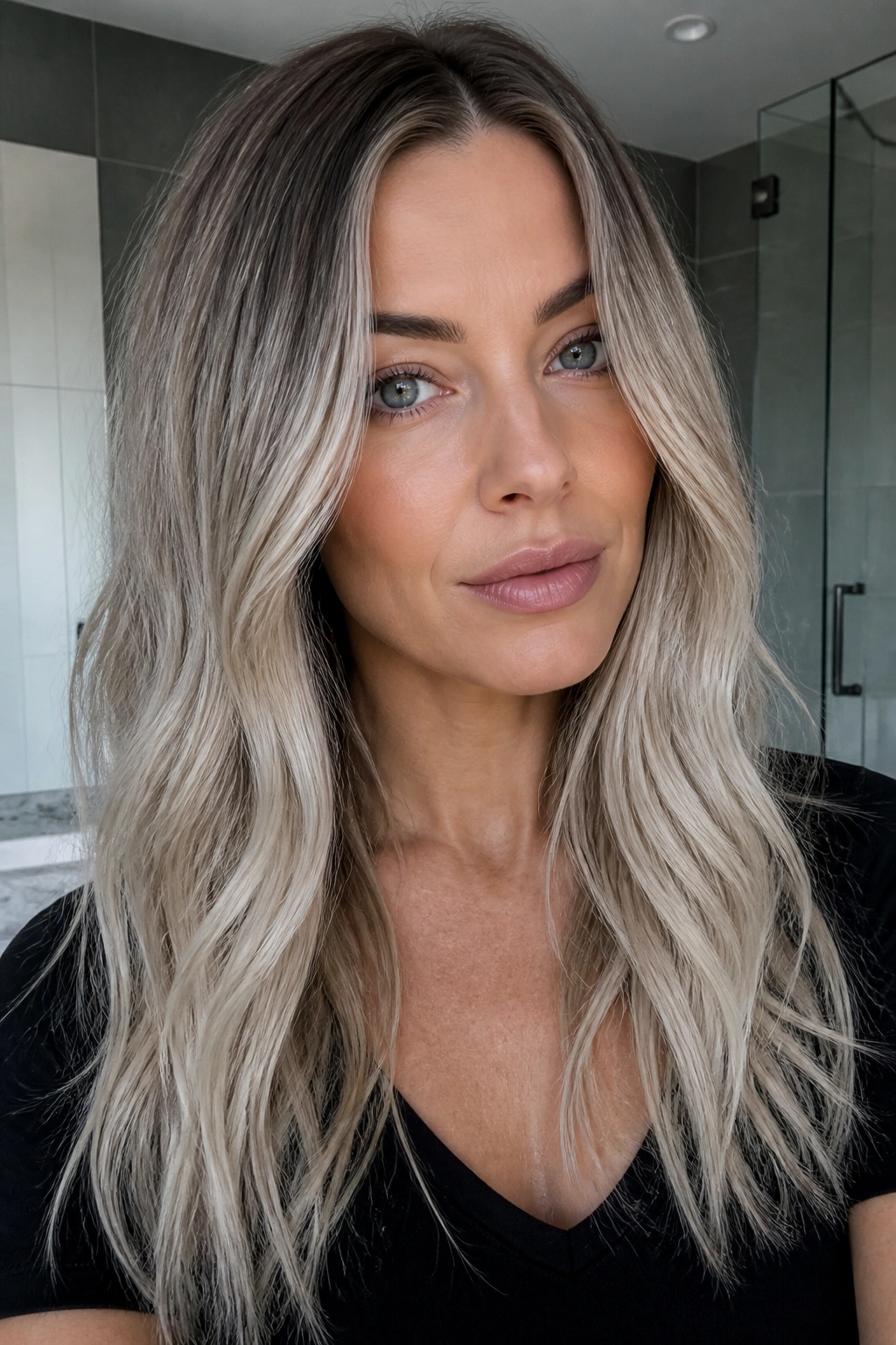Close-up portrait of a real woman with steel blonde sombre hair