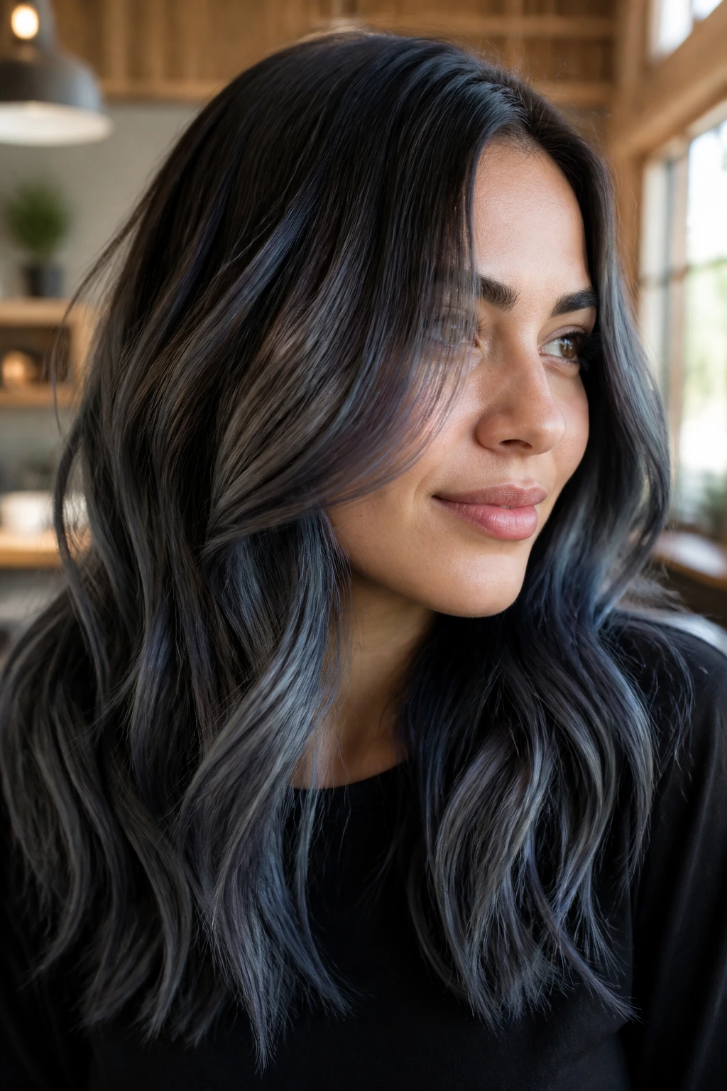 Close-up of a real woman with steel blue ash balayage on ash-brown hair in a warm salon