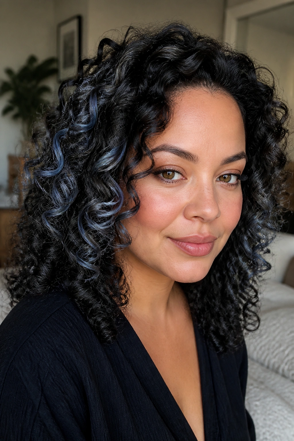 Close-up of curly hair with smoky steel-blue highlights along the outer curls.