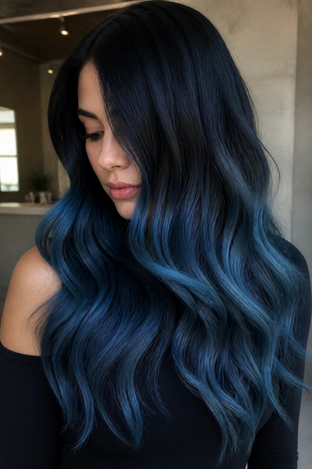 Close-up of steel blue ombre on dark hair.
