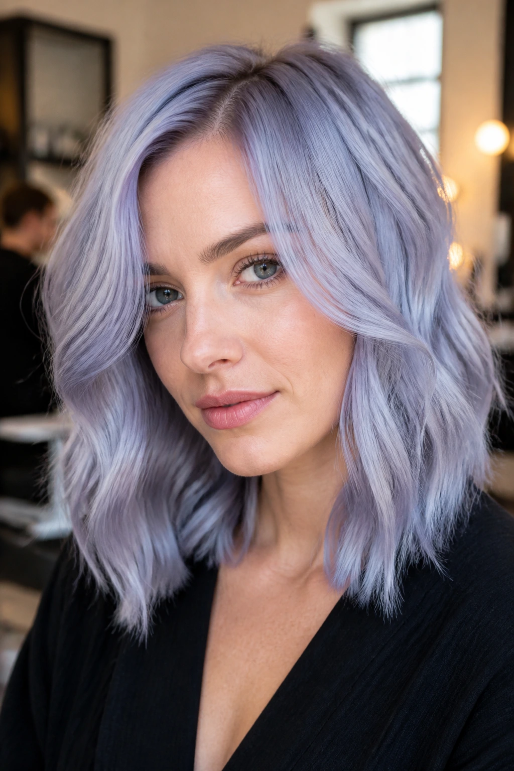 Close-up portrait of a real person with lavender blonde hair glossed in steel blue.