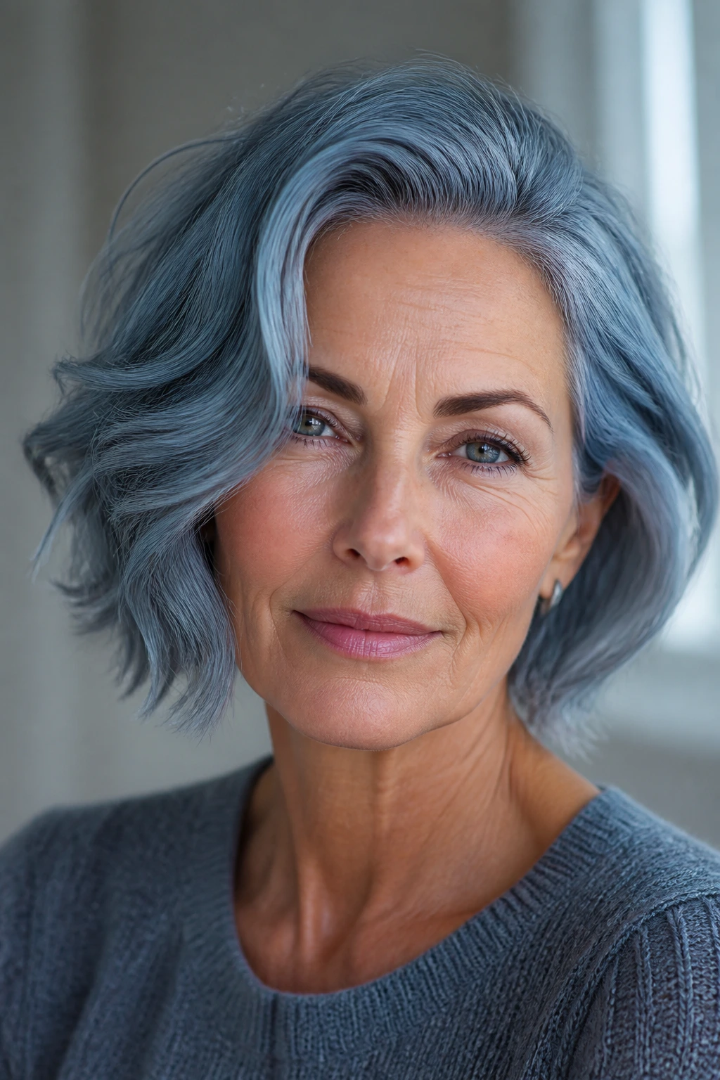 Portrait of a real woman with steel blue gray hair under cool daylight