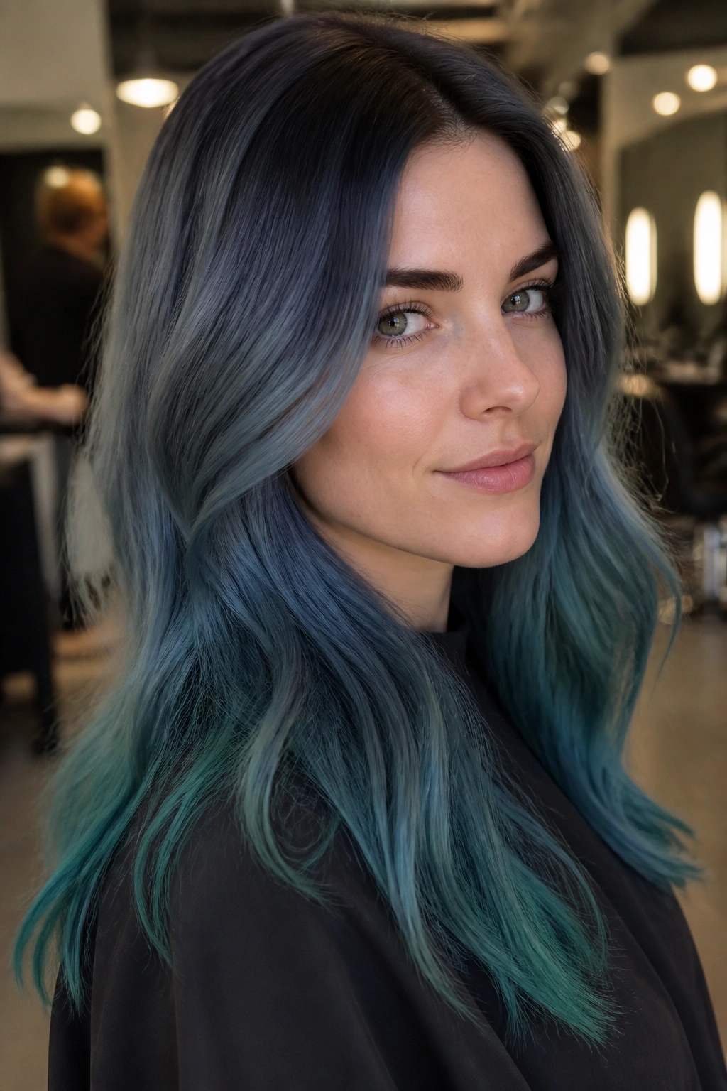 Close-up portrait of a real woman with steel blue-green ombré from root to teal ends