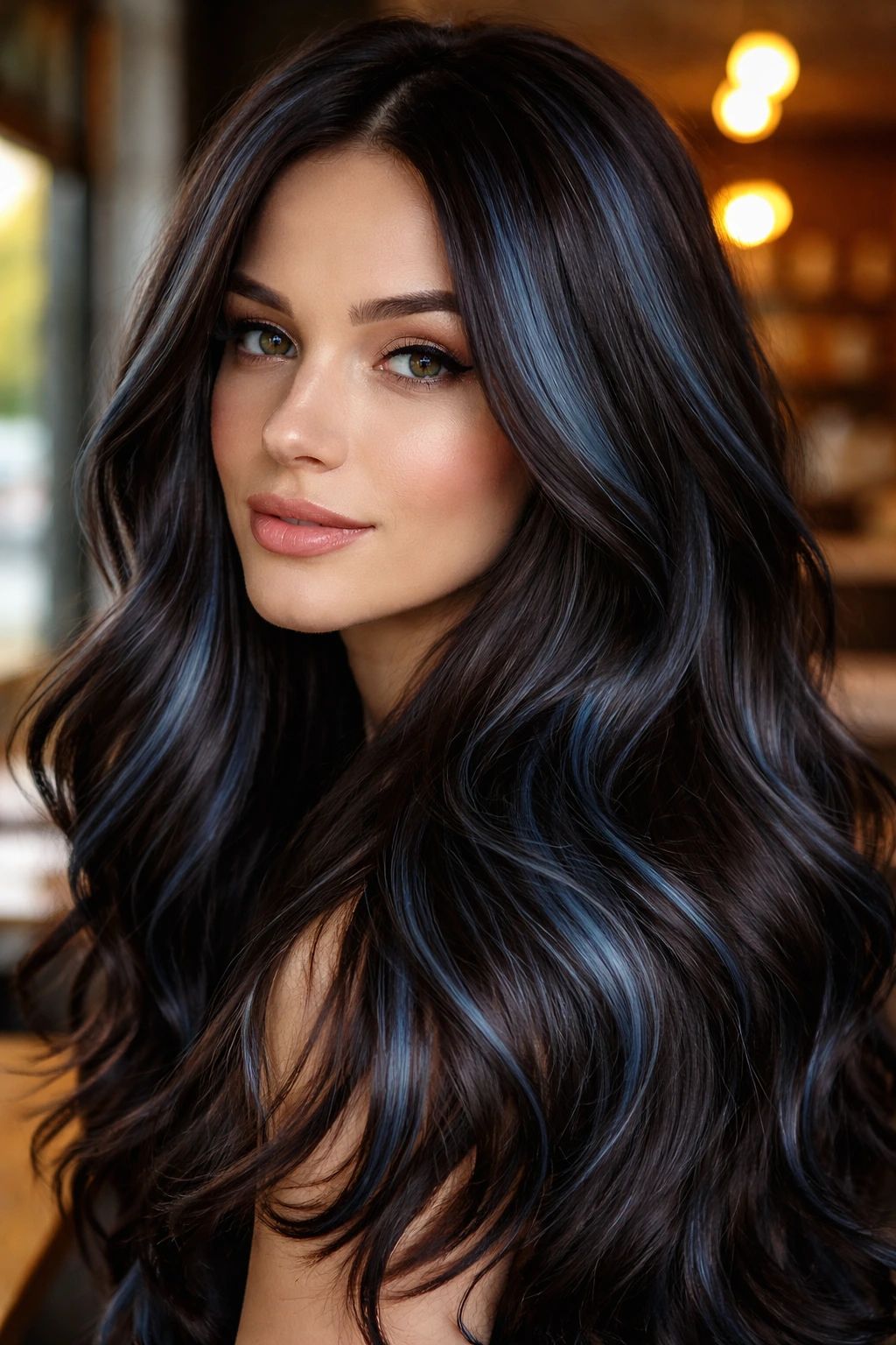 Close-up of dark brown hair with steel blue streaks