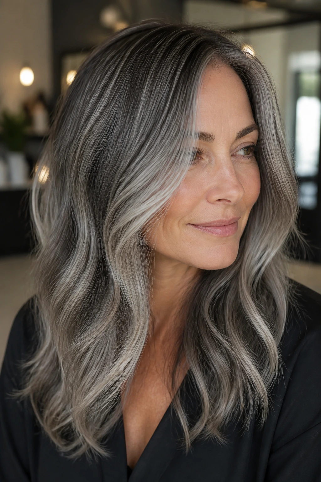 Close-up portrait showing steel gray balayage with ribbon highlights on cool skin.