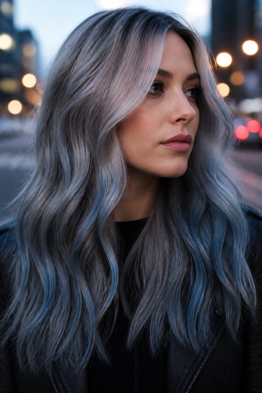 Portrait of a real person with steel gray blonde and blue smoke accents