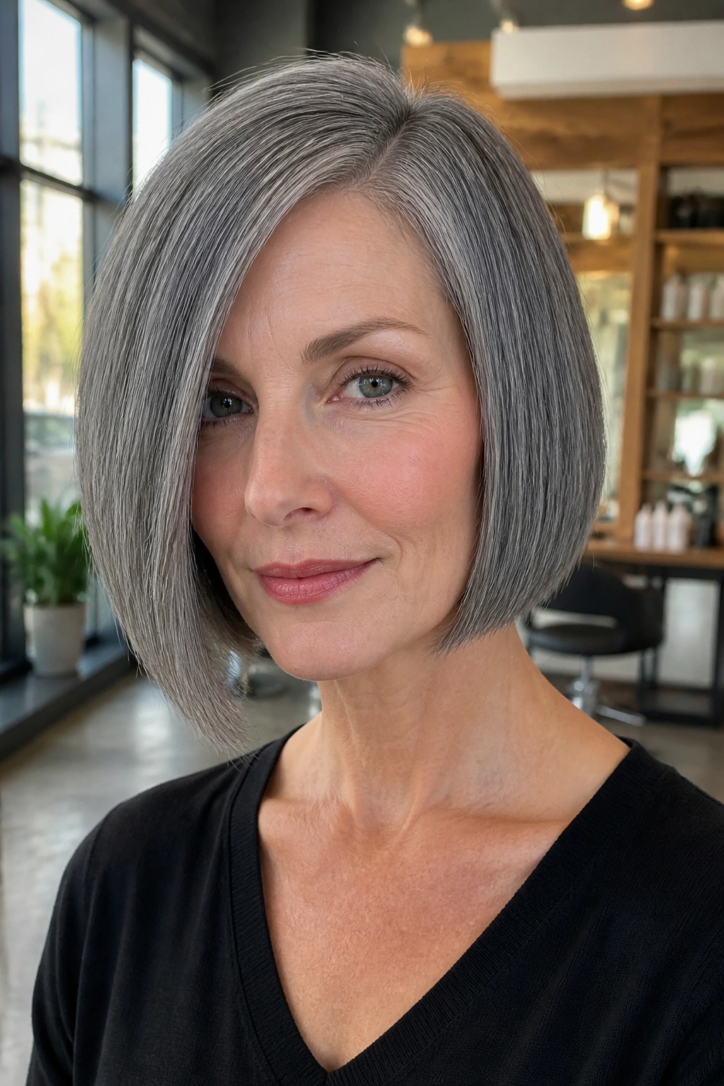 Portrait of a real woman with a steel gray bob haircut in a bright salon.