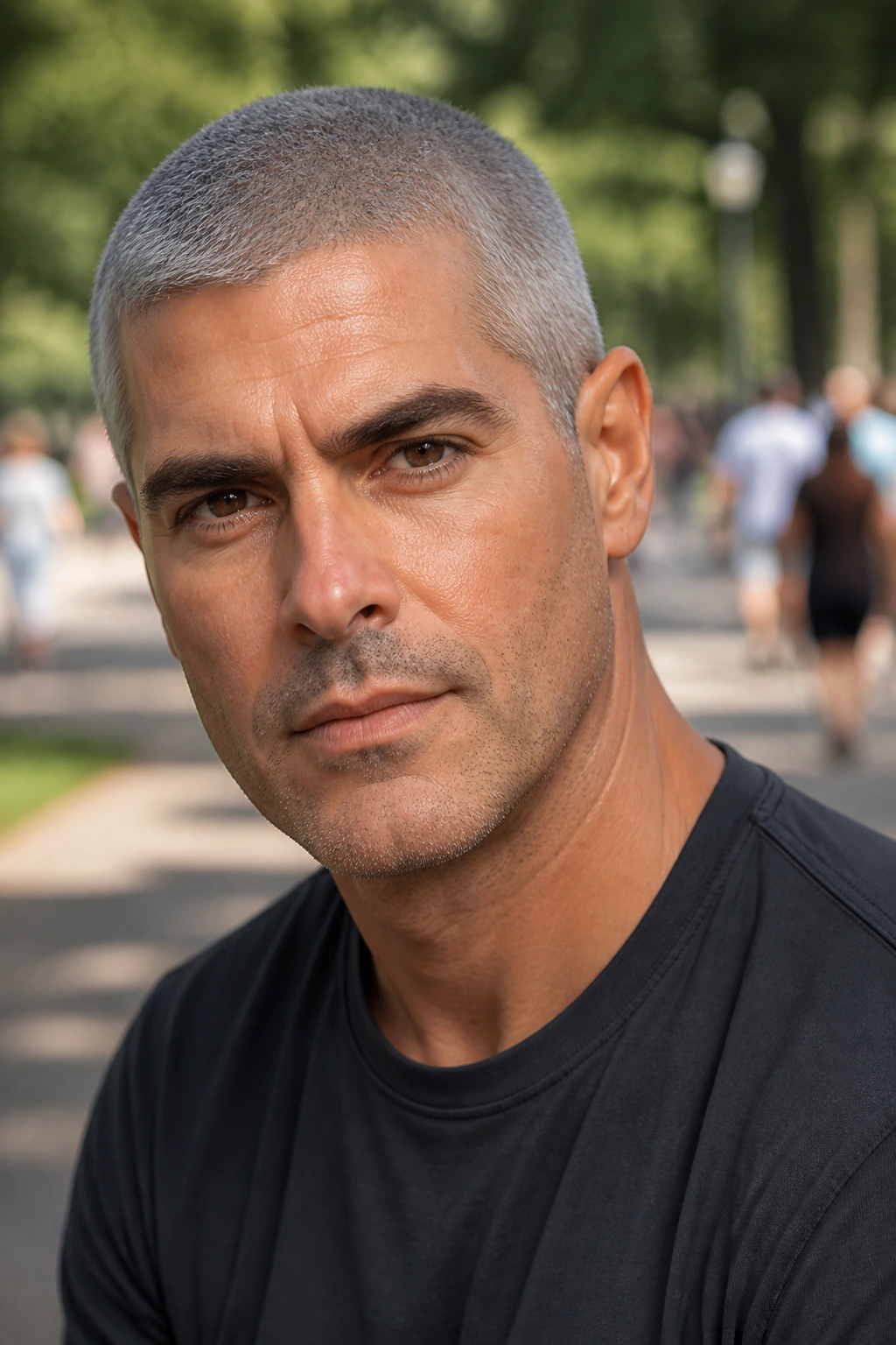 Close-up portrait of a man with steel gray buzz cut in a park setting