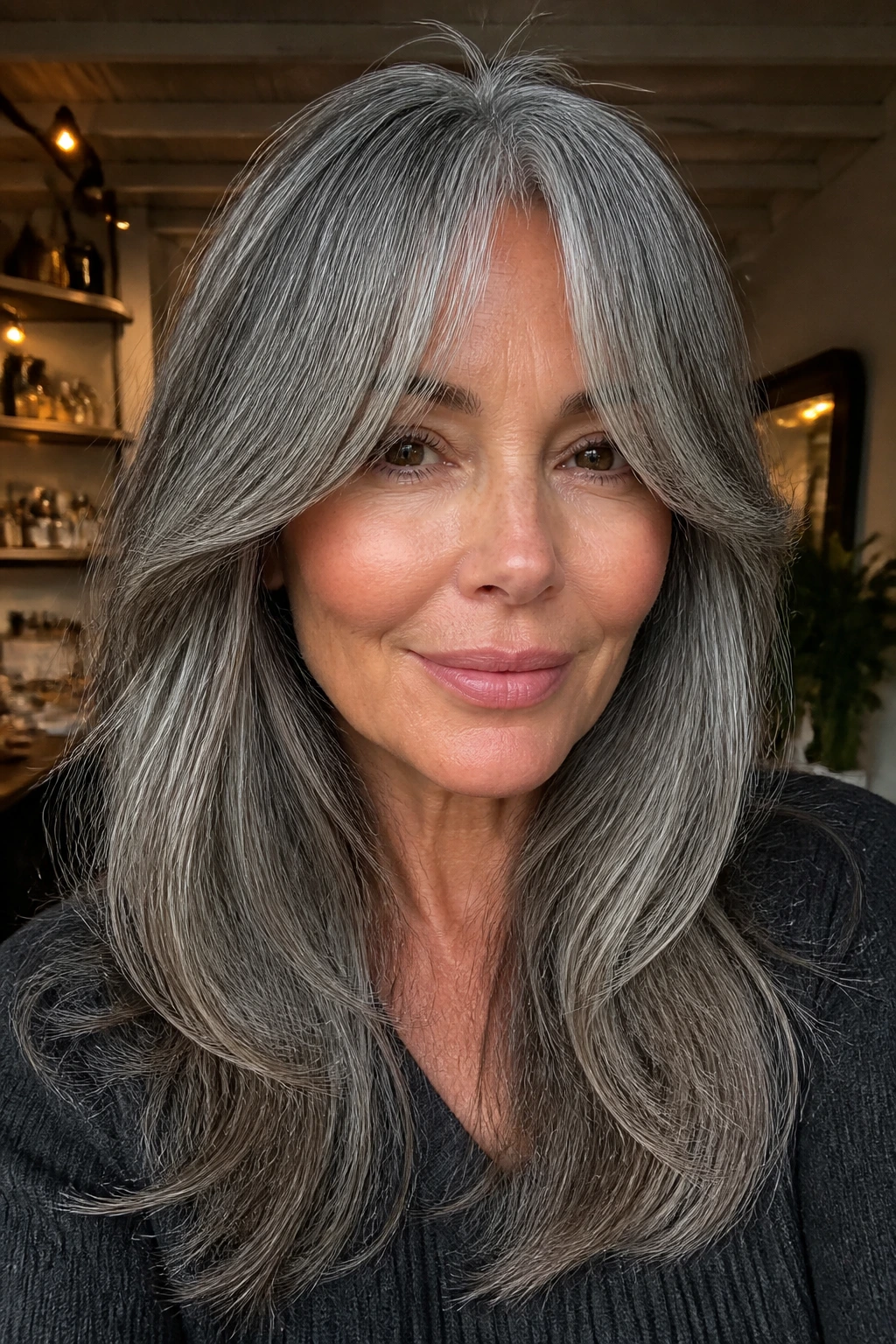Portrait of a real woman with steel gray hair and curtain bangs.