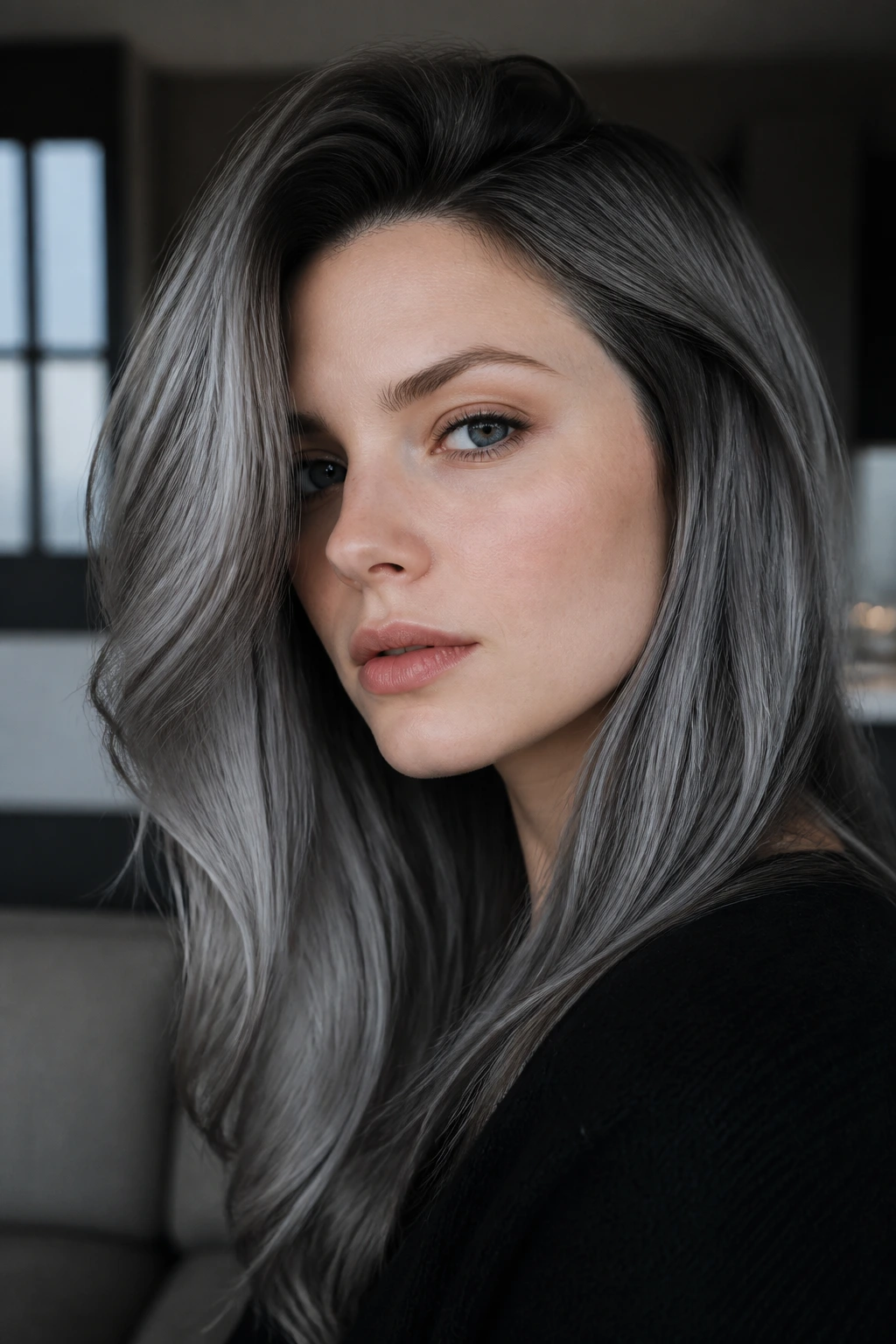 Close-up portrait of a real person with steel gray hair on cool skin in moody lighting