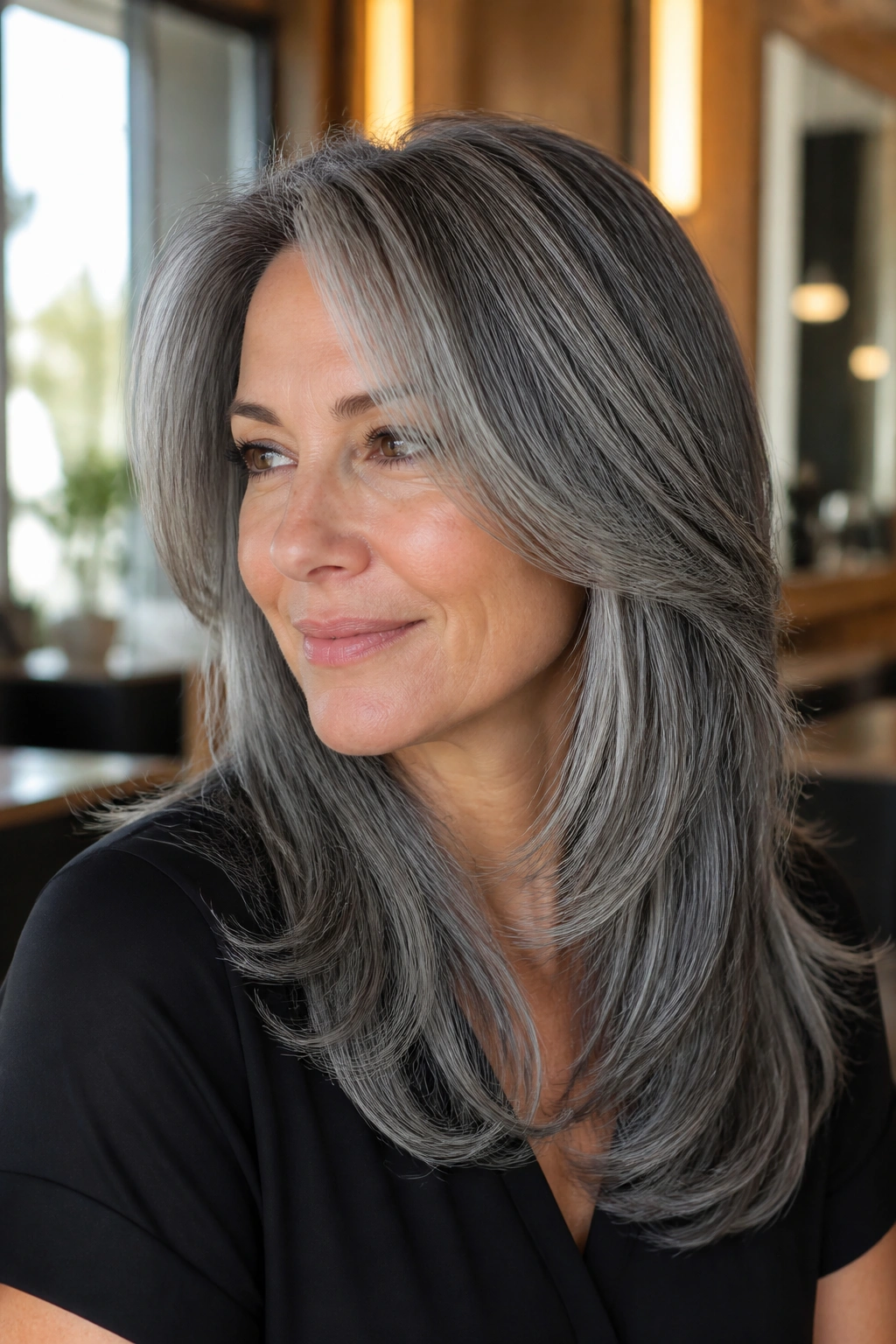 Close-up of real person with steel-gray layered hair and face-framing pieces in a salon