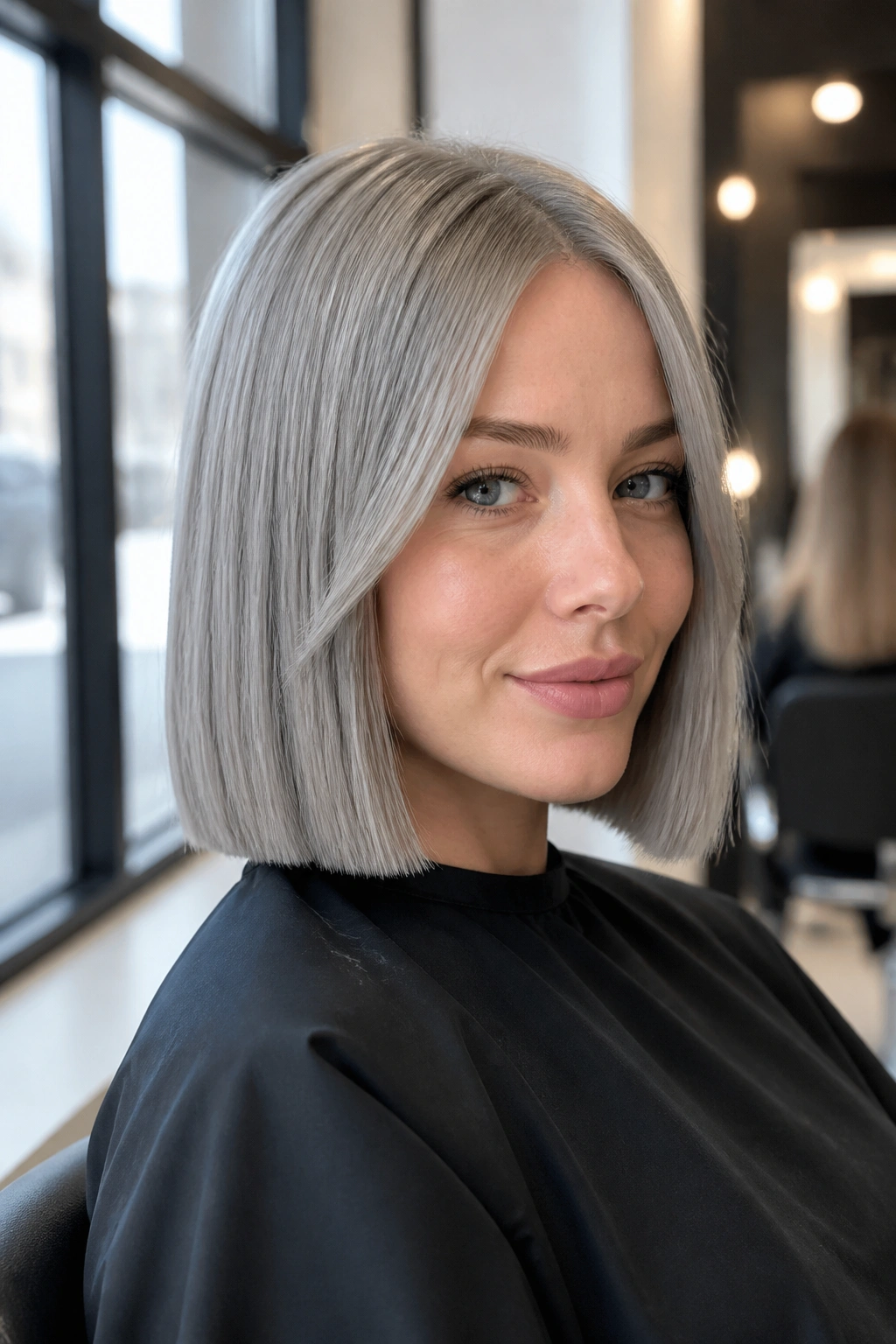 Close-up portrait of a real person with steel gray blunt lob hairstyle