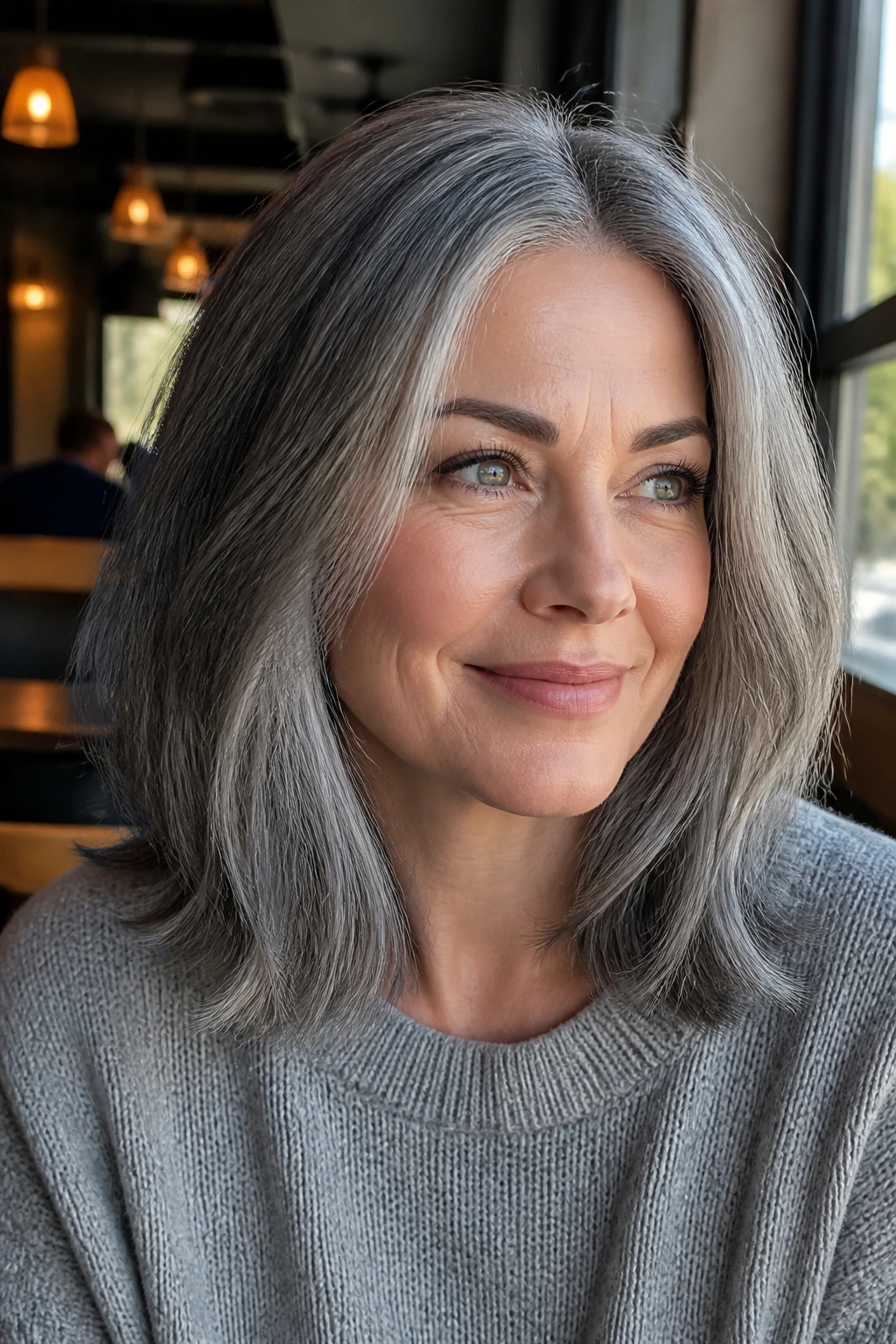 Portrait of a woman with steel gray lob hairstyle