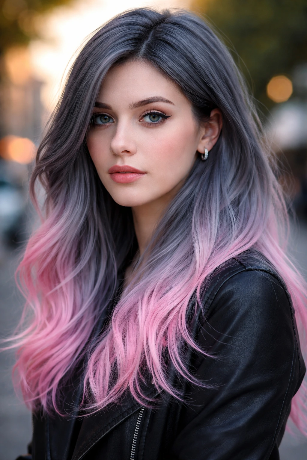 Real person with steel gray hair and pastel pink tips in outdoor setting