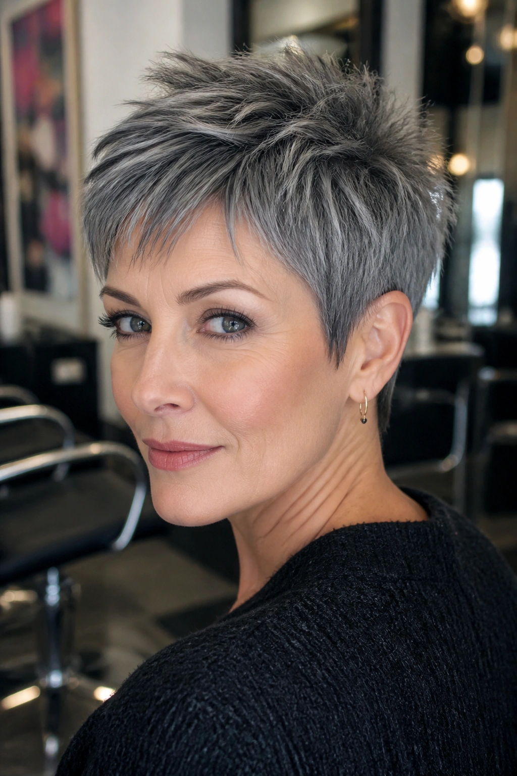 Close-up portrait of a real person with steel-gray pixie cut