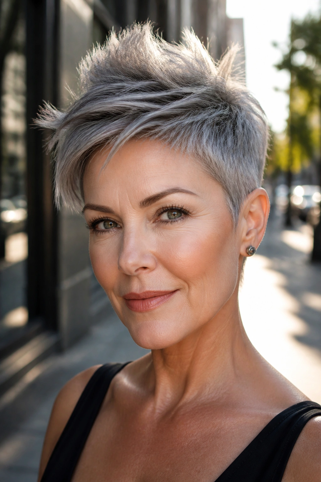 Close-up of a real woman with steel gray pixie and crown height.