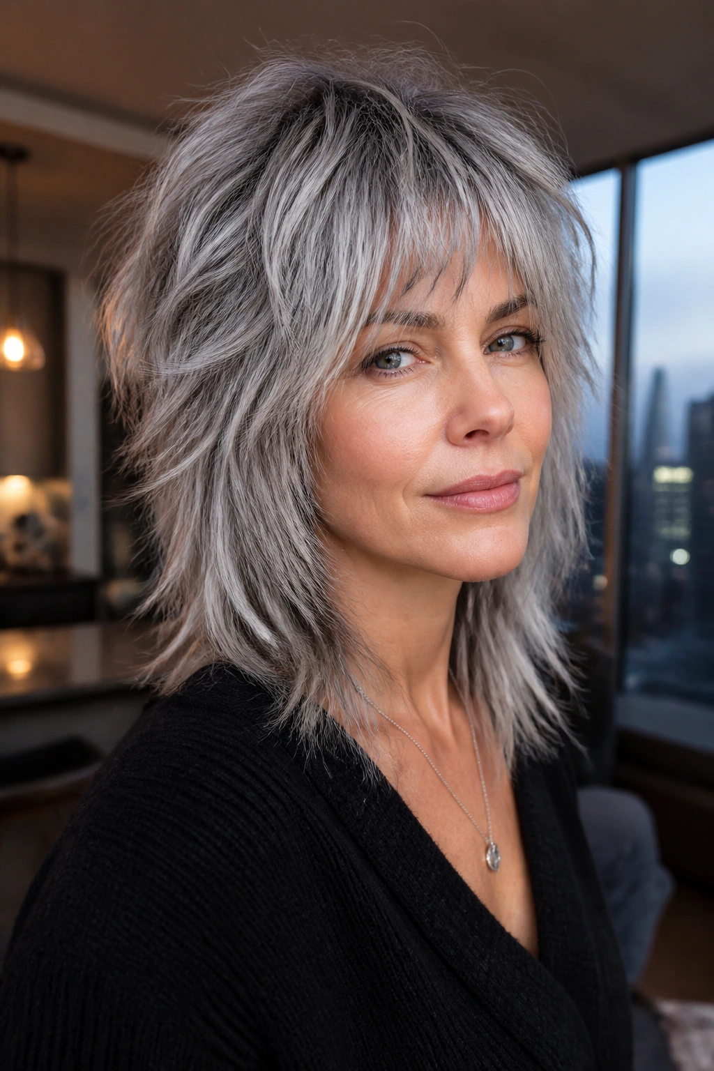 Real woman with steel gray platinum shag haircut, close-up portrait