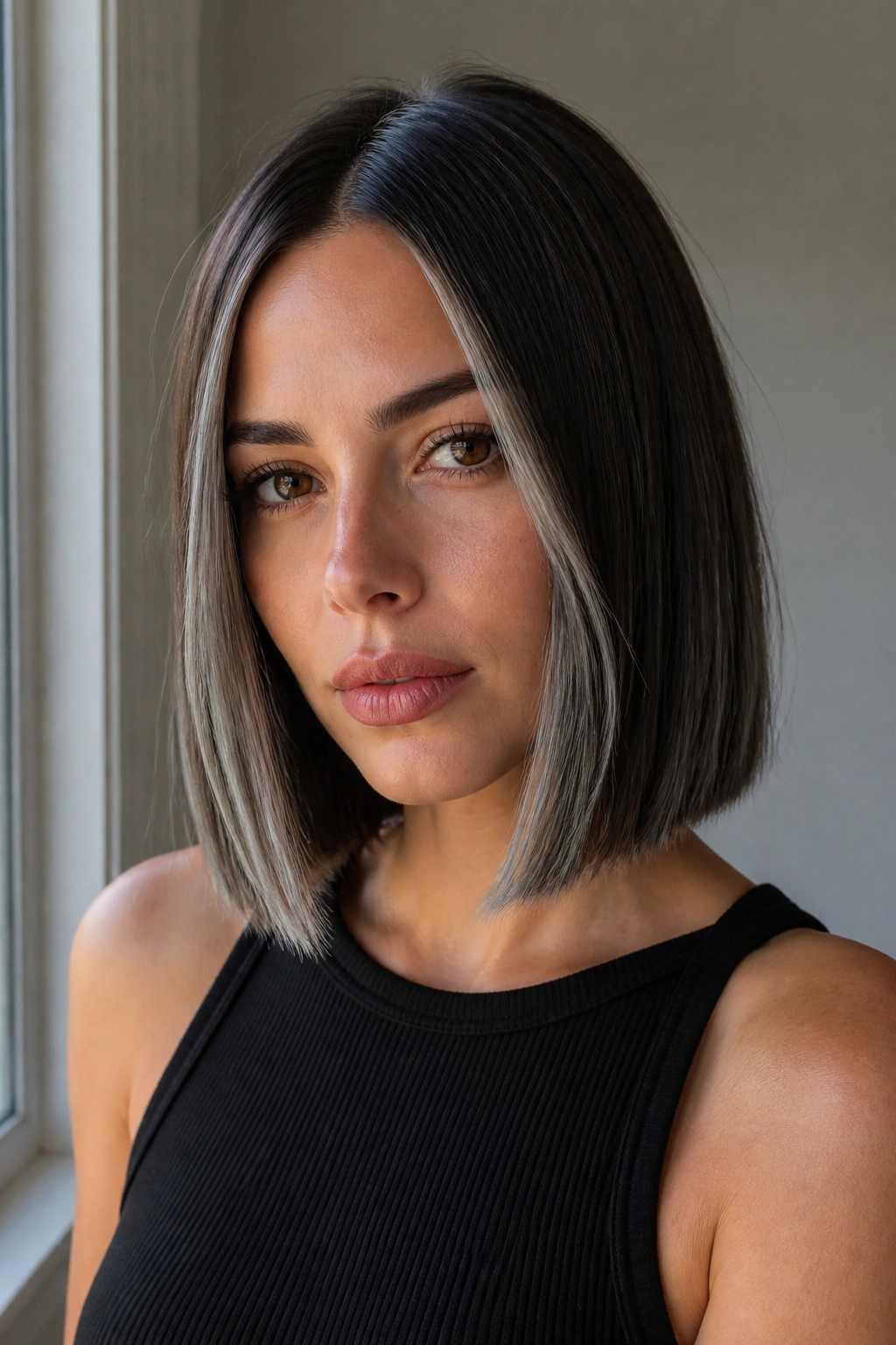 Close-up of real person with steel-grey balayage on dark chocolate hair