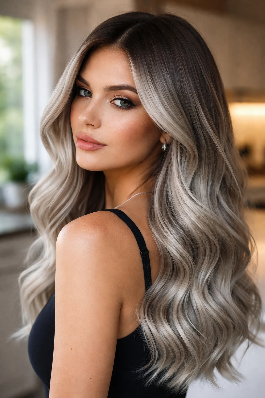 Real woman with steel grey balayage hair and glossy cool tones